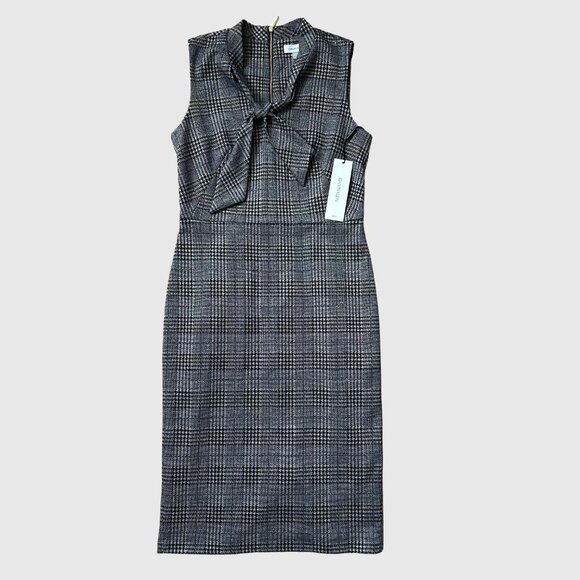 Calvin Klein Houndstooth Tie-Neck Sheath Dress - Navy Blue & Gold - Size 4 - NWT - Picture 3 of 4